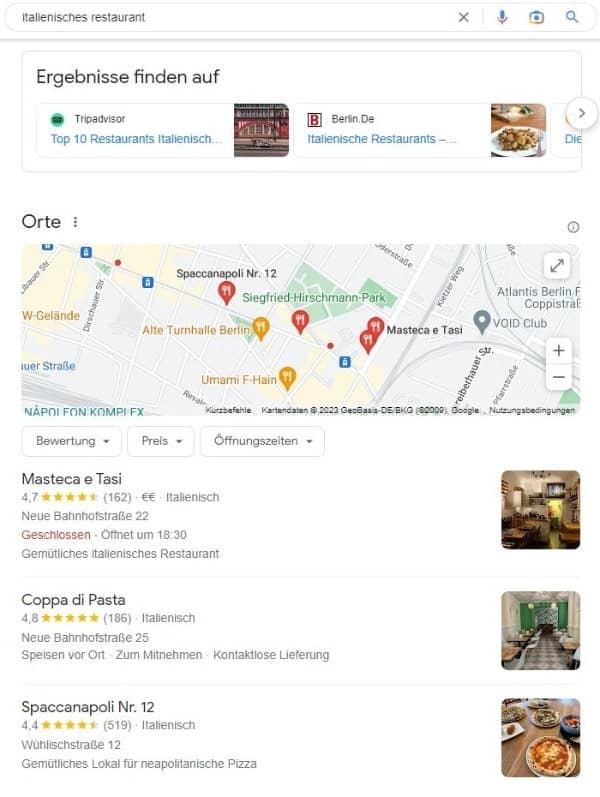 Local SEO Restaurants Google Maps für "Italienisches Restaurant"