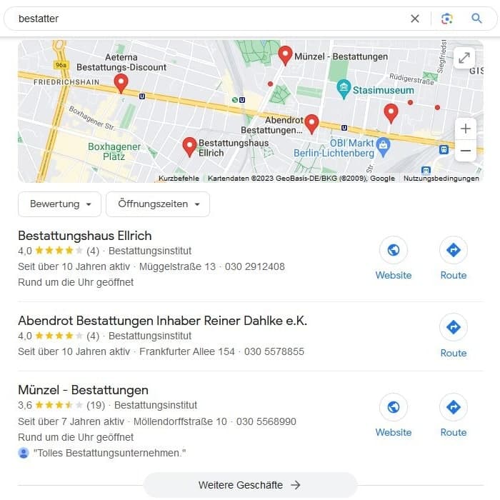 Local SEO für Bestatter Maps Screenshot