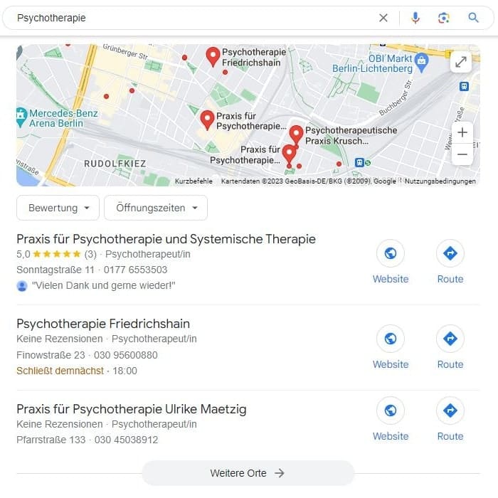 Local SEO für Psychotherapie Maps Screenshot