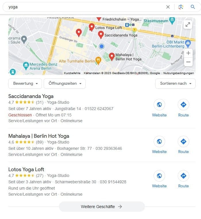 Local SEO für Yoga Google Maps Screenshot