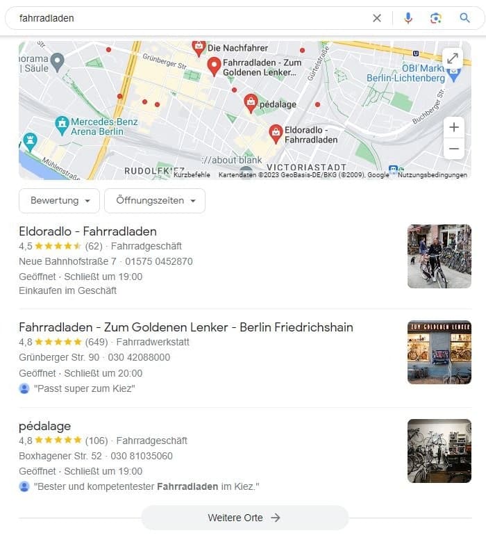 Local SEO für Fahrradladen Maps Screenshot