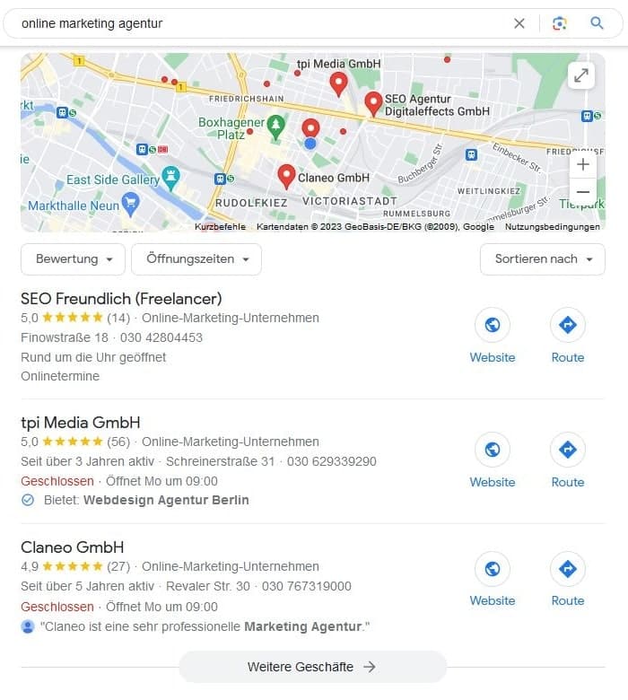 Local SEO für Online Marketing Agentur Google Maps Screenshot