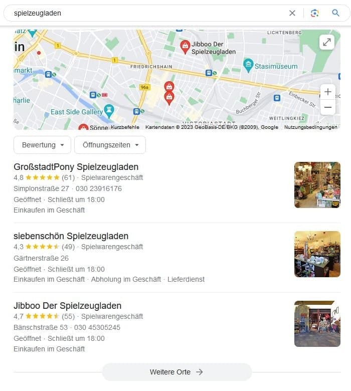 Local SEO für Spielzeugladen Google Maps Screenshot