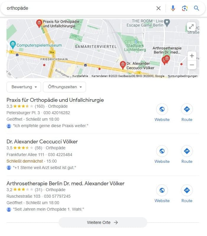 Local SEO für Orthopäde Maps Screenshot