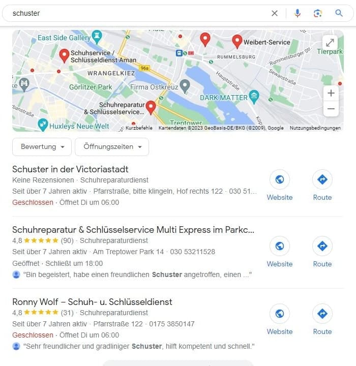 Local SEO für Kleinbetriebe Schuster Maps Screenshot